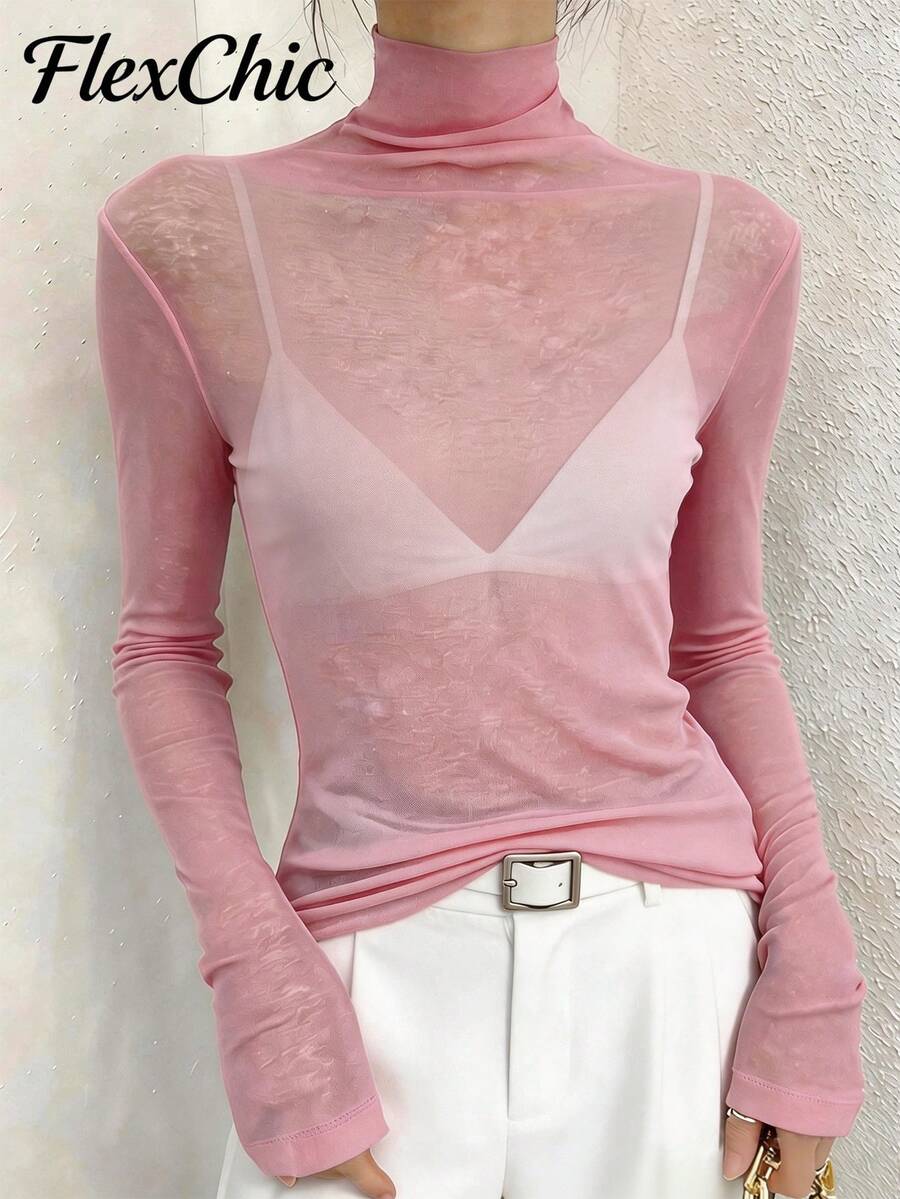 Nueva camiseta interior de cuello alto negro FLEXCHIC para mujer, camiseta de manga larga de malla transparente y ligera, adecuada para primavera y otoño