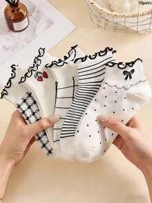 1/3/5/10 paires de chaussettes courtes pour femmes, chaussettes invisibles à motif cerise mignon, chaussettes de cheville, chaussettes grises, chaussettes pour femmes, chaussettes bateau pour femmes, chaussettes courtes d'équipage pour femmes, convenant à toutes les saisons, détails en maille respirante, absorbant l'humidité, douces et lisses, adaptées aux vacances, aux sports, aux tenues décontractées, professionnelles et quotidiennes, combinaisons de couleurs aléatoires - Multicolore - Voir 9