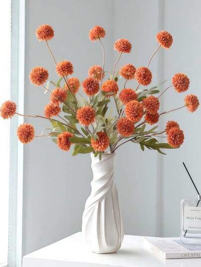 1 Stem 5 Pcs Autumn Dandelion Artificial Silk Flowers, Faux Flowers For Living Room, Dining Table, Cafe, Wedding Decor