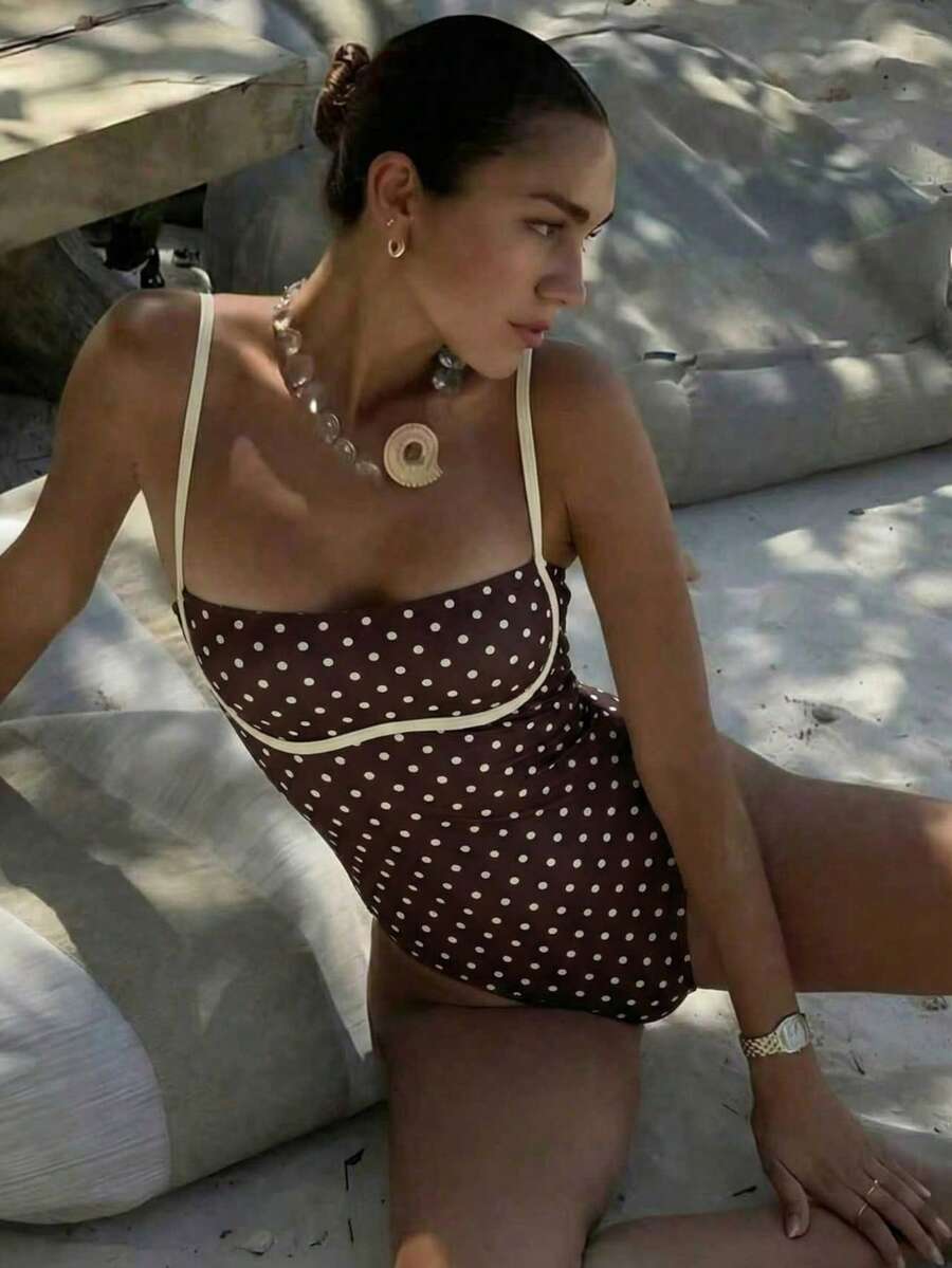 女士春夏新款休闲优雅性感沙滩度假约会派对棕色波点印花吊带连体泳衣 - 彩色 - 查看 1