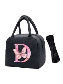 Pink Butterfly & Letter Pattern Insulated Lunch Bag, Thermal Lunch Box, Suitable For Students, Office, Camping, Picnic, School, University, Lightweight Portable Canvas Lunch Storage Bag - Multicolor - View 18
