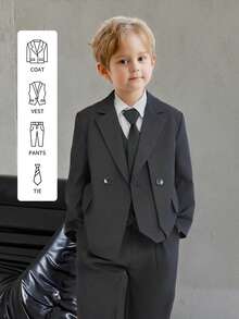 4pcs Young Boys Suit Set, Includes Jacket + Vest + Pants + Tie, Unique Design, Suitable For Festivals, Weddings, Pageants - Black - View 1