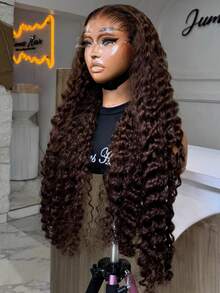 32 34 Inches Long Curly Human Hiar Wigs Chocolate Brown Colored 200% Density 13*4 HD Transparent Lace Frontal Wigs Deep Wave Brazilian Pre Plucked With Baby Hair #4 Coloed Lace Front Human Hair Wigs For Women - S4 - Xem 1