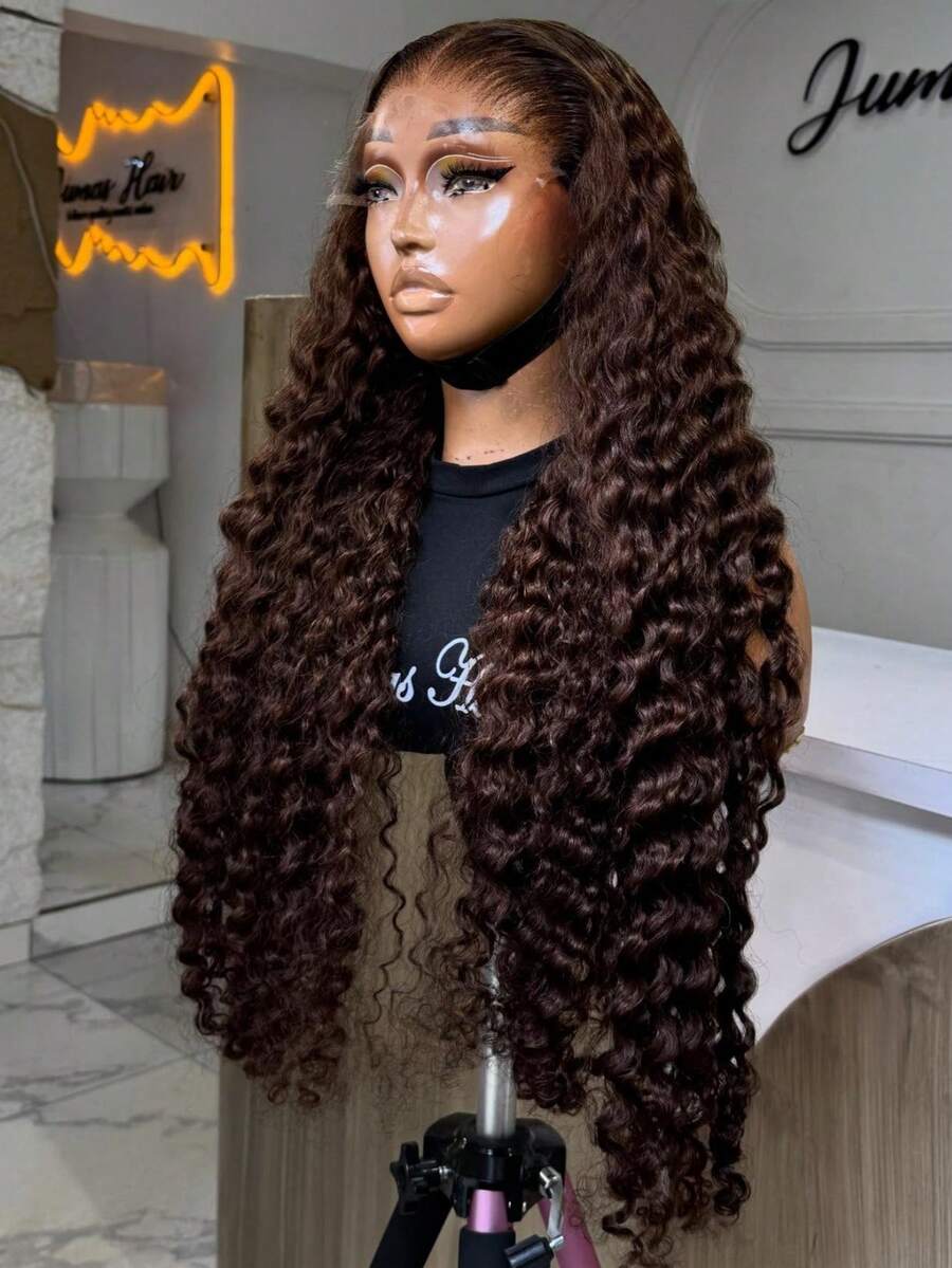 32 34 Inches Long Curly Human Hiar Wigs Chocolate Brown Colored 200% Density 13*4 HD Transparent Lace Frontal Wigs Deep Wave Brazilian Pre Plucked With Baby Hair #4 Coloed Lace Front Human Hair Wigs For Women - S4 - Xem 1