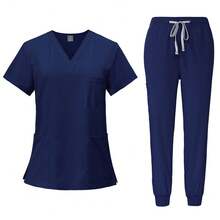Uniform Set, Surgical Gown, Women's Surgical Outfit, Nurse & Beauty Salon Workwear, Clinical Surgical Suit Top And Pants Set, Women's Uniform, Elegant Short Sleeve V-Neck Nurse Top And Waist-Cinching Pants Set Spring - Màu xanh hải quân - Xem 1