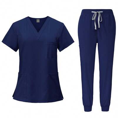 Uniform Set, Surgical Gown, Women's Surgical Outfit, Nurse & Beauty Salon Workwear, Clinical Surgical Suit Top And Pants Set, Women's Uniform, Elegant Short Sleeve V-Neck Nurse Top And Waist-Cinching Pants Set