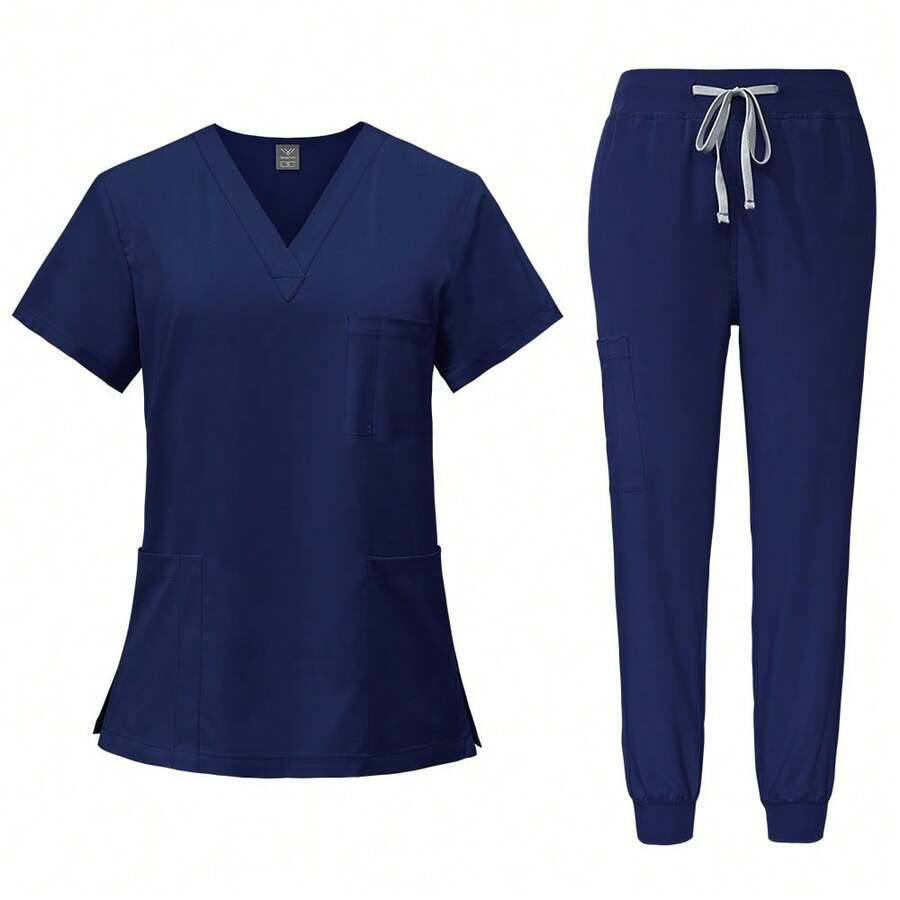 Uniform Set, Surgical Gown, Women's Surgical Outfit, Nurse & Beauty Salon Workwear, Clinical Surgical Suit Top And Pants Set, Women's Uniform, Elegant Short Sleeve V-Neck Nurse Top And Waist-Cinching Pants Set Spring - Màu xanh hải quân - Xem 1