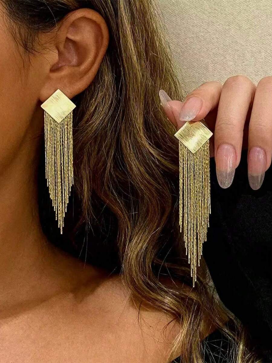 Metal Chain Fringe Dangling Tassel Liner Dangle Earrings For Women - Yellow Gold - View 1