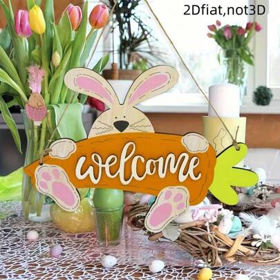 Letrero de bienvenida de Pascua plano y estampado en 2D - Letrero colgante de madera rústico con conejo y zanahoria, colorido con cuerda de yute, adecuado para puerta, pared, hogar y decoración de granja