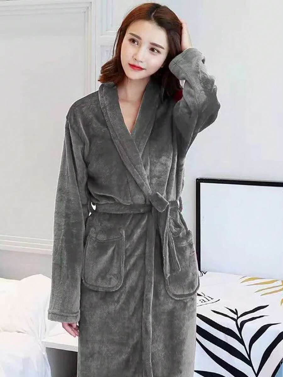 1pc Women's Plush Bathrobe, Multiple Colors Available, With Belt And Pockets. Fluffy, Soft And Warm, Suitable For Both Men And Women. Ultra-Soft Plush Fabric, Excellent Water Absorption. - Multicolor - View 1