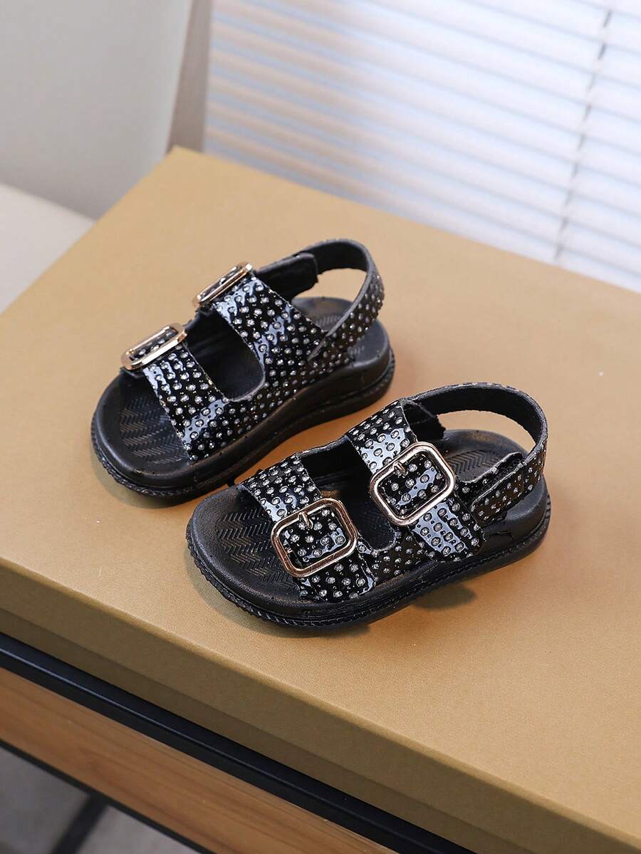 2025 Summer New Girls' Rhinestone Double Buckle Sandals, Soft Sole Anti-Slip Breathable Beach Shoes, Casual Sandals For Toddlers & Little Kids - Black - View 1