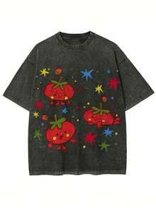 2026 Washed Cotton, Cute Tomato Party Print T-Shirt, High-Quality Wax-Printed Cotton Retro Fashion Brand T-Shirt, Unisex T-Shirt, Popular Daily Wear T-Shirt, Holiday Gift, Perfect Present, Graphic Tees Women, Graphic Tee, Shirts - 寶藍色 - 查看 6