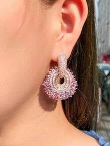 1 par de pendientes colgantes largos y grandes de circonita cúbica de lujo en color morado y rosa para bodas y fiestas - Morado - Ver 1