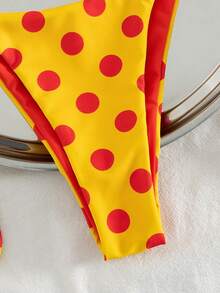 Women's Sexy & Fashionable Cute New 2-Piece Polka Dot Print Halter Tie Bikini Swimsuit Set, Suitable For Beach, Vacation, Travel, And Dates, Spring/Summer - Yellow - View 4