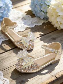 Sapatos Confortáveis de Menina Flor com Laço Brilhante e Decoração de Pérola para Meninas Pequenas - Dourado - Visão 3