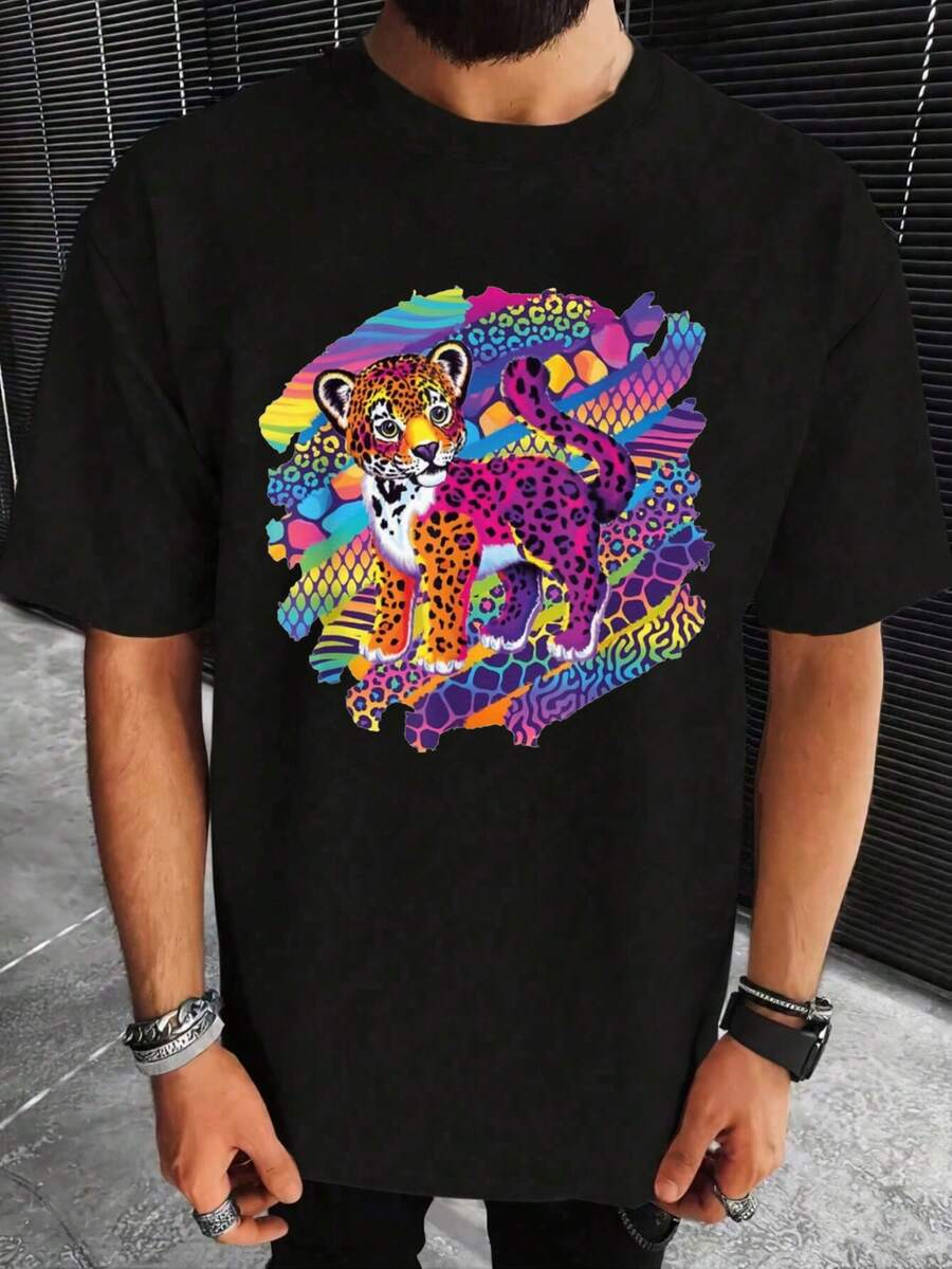 Camiseta Retro Vintage de los 90 con Estampado de Tigre -% Algodón, Manga Corta, Cuello Redondo, con Patrón Geométrico. Lavable aáquina. Ropa casual para todas las estaciones para hombres y parejas (tallas S-). Ropa unisex. Impresión en negrita. Ajuste cómodo. Amantes del Estilo Urbano. Ropa de uso diario. Tela suave. Aficionados de urbana - Negro - Ver 1