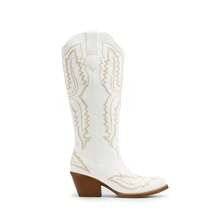 Cowboy Knee High Boots For Women Western Retro Embroidered Cowgirl Boots Fashion Narrow Square Toe Comfortable Vintage Side Zipper Tall Boots For Ladies - 白色 - 查看 5