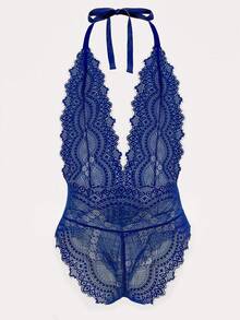 新款深V领蕾丝性感内衣，透视露背连体裤，性感女士贴身衣物，狂欢节派对服装，情人节礼物 - 寶藍色 - 查看 5