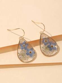 1pair Teardrop Shape Resin & Dried Flower Earrings With Glue Surface, Suitable For Women's Daily Wear,Natural Dried Flowers, Random Shapes And Colors Valentines,Mom,Mother,Mother's Day,Gift - 粉色 - 查看 2