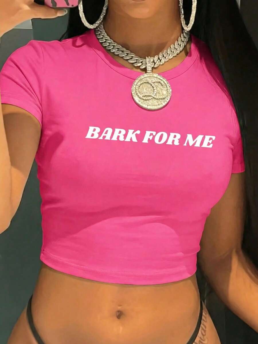 Women's Y2K Street Style "Bark Call Me" Graphic Cropped Top - Black Geometric Crewneck Short Sleeve Shirt, Machine Washable All Season Casual Top, Fashionable Dress Up Clothing, Bold Print, Stretch Material, Statement Shirt, For  Lovers,Spring,For Women,Womens Tops,Tops De Mujer,Green Top,Spring Clothes. - 玫紅色 - 查看 1