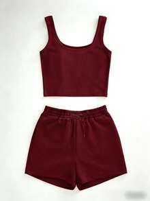Women's Summer Casual Deep Red Camisole & Shorts 2-Piece Set, Women's Casual Round Neck Ribbed Cropped Camisole And Drawstring Pocket Shorts 2-Piece Outfit Elegant - Dark Red - View 6