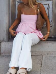 Women Sexy Strapless Ruffle Hem Tube Top Summer Solid Sleeveless Backless Tube Top Pleated Peplum Flowy Bandeau Top - Pink - View 3