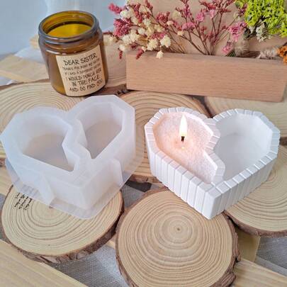 1pc DIY Clay Mold, 2-Cavity Heart-Shaped Candle Holder, Striped Heart Storage Box Silicone Mold, Epoxy Resin Mold, Suitable For DIY Handmade Crafts