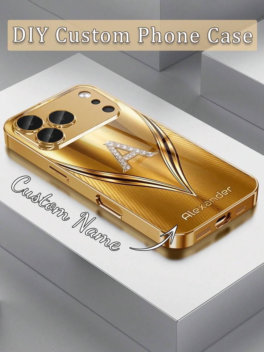 1 pieza Funda de teléfono de vidrio chapada en oro con textura en forma de V con 26 letras personalizables y decoración de manzana con rhinestones, compatible con iPhone 17 Pro Max/16 Pro Max/15/14 Plus/13 Pro/12 Pro Max/11/Xs Max/8/7/6 Plus, de moda, colorida, linda, divertida, minimalista, a juego - Dorado - Ver 1