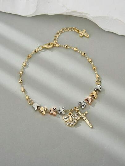 1 pieza Pulsera con colgante de mariposa y cruz de diseño minimalista y tricolor, adecuada para niñas/mujeres
