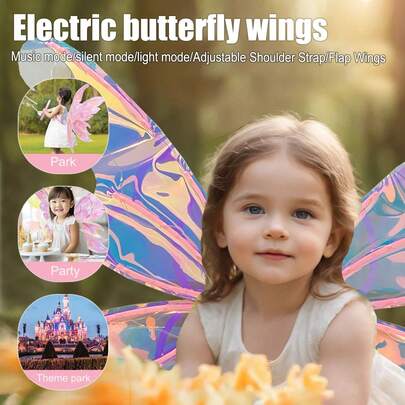 Girls' Electric Wing Costume Toy, Lighting + Music + Automatic Wing Flapping, Music/Mute Mode, Role Play/Party/Theme Park/Wedding/Halloween/Christmas Costume, DIY Assembly, Adjustable Shoulder Strap, Gift