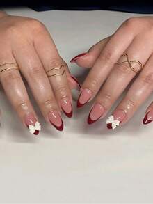 24片奶油白色蝴蝶结3D水钻装饰杏仁形美甲贴纸，适合女士派对、节日、送礼或日常办公穿着。包含1个指甲锉和1个双面胶垫。 - 酒紅色 - 查看 2