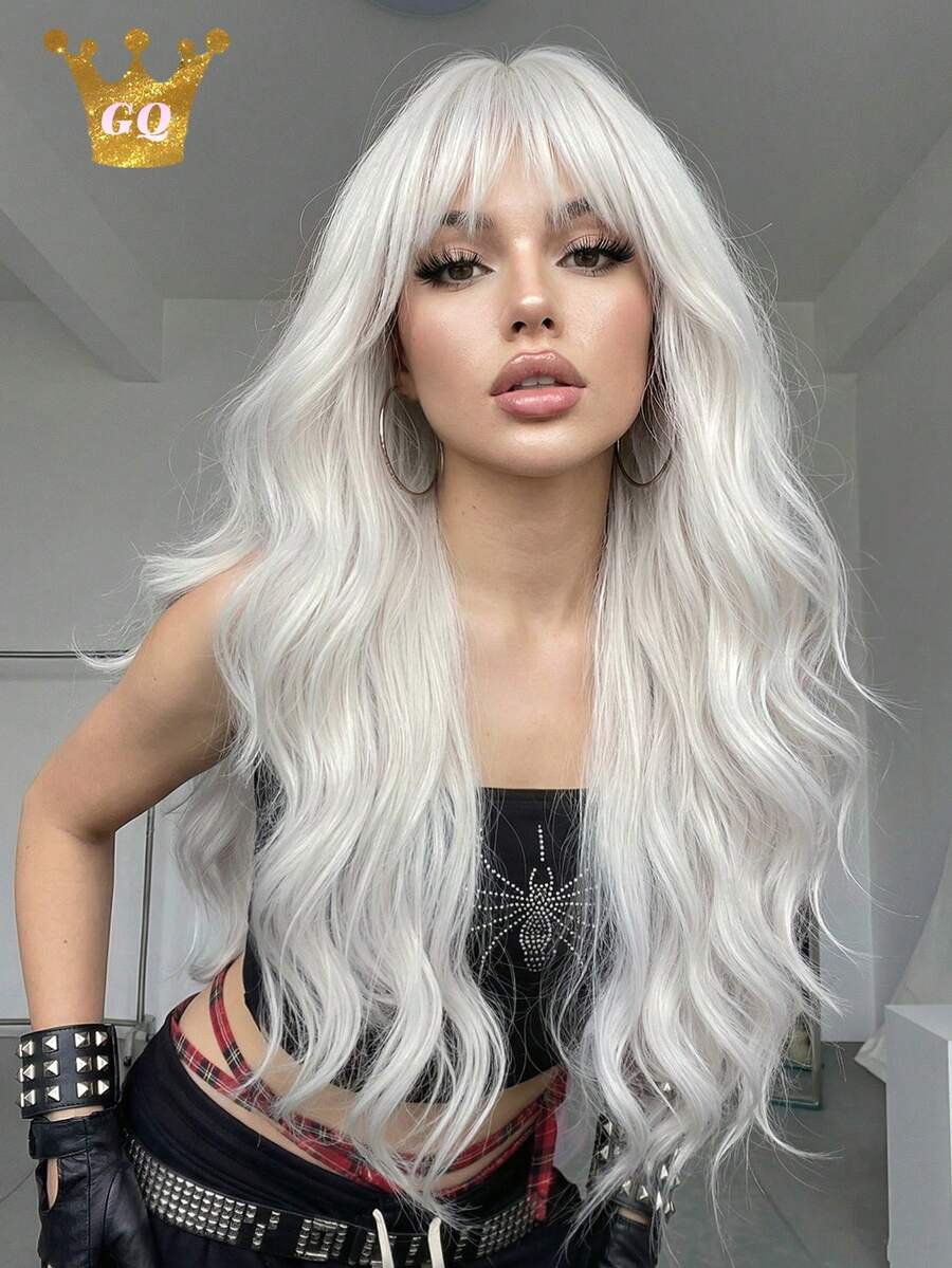 26" Silver White Wavy Wig With Fringe, Heat Resistant Synthetic Hair With Elastic Net Cap For Cosplay & Festival Outfits - White - View 1