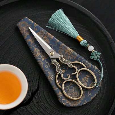 A Vintage Copper-Colored Stainless Steel Scissors With A Floral Pattern And Blue-Green Tassels, Suitable For Embroidery, Cutting, Home And Office Use, Craft Cutting Tool | Exquisite Handle, Sewing Additions