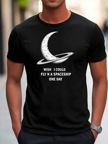 Camiseta Gráfica con Temática Espacial para Hombre, 48% Algodón - Tejido Transpirable de Micro-Elástico. Camiseta casual de verano de corte regular con estampado de luna creciente; para estampado de anillos. Lavable aáquina. Camisa de ajuste cómodo. Camiseta de cuello redondo. Camisa de Tela Elástica - Negro - Ver 7