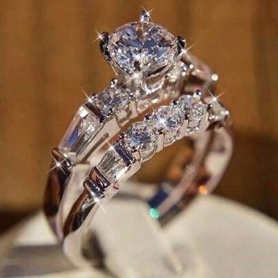 Valentine's Day Sparkling Couple 2-Piece Ring Set, Set With Round Cut , Elegant Halo Ring, Ideal Gift For Daily Clothing Accessories