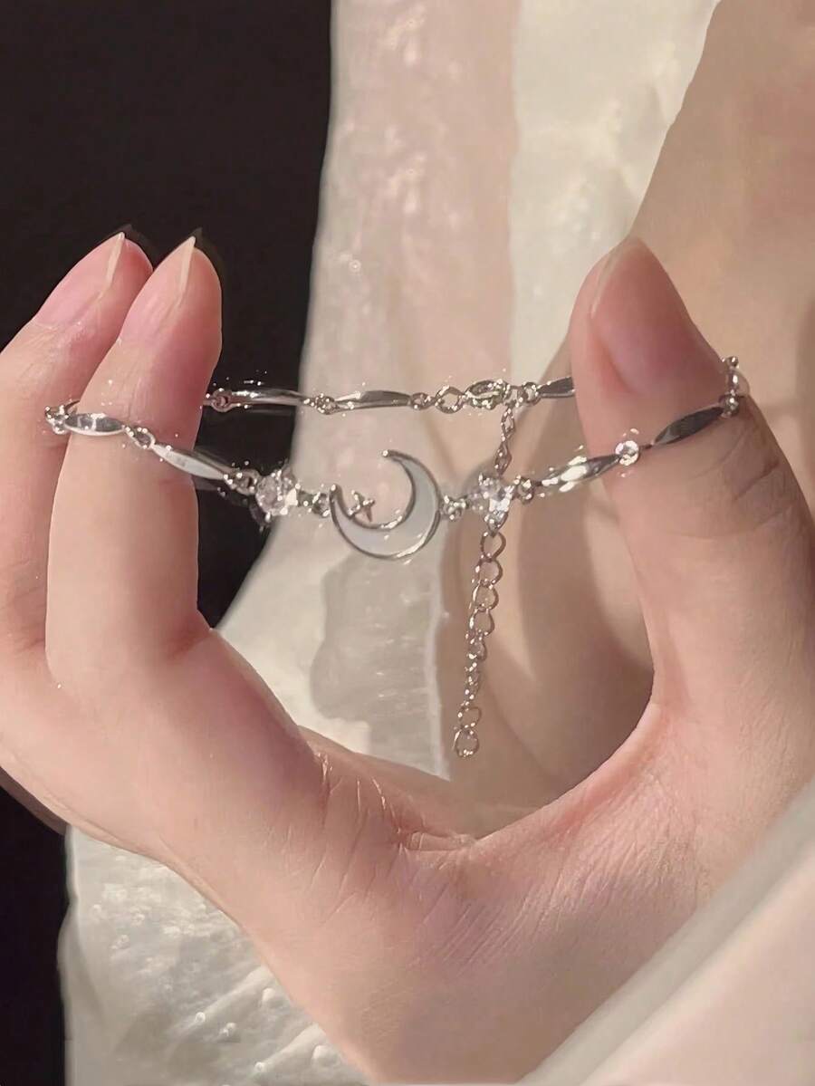 1件装ins风月亮星星双层手链，奢华百搭配饰，优雅精致 - 銀色 - 查看 1