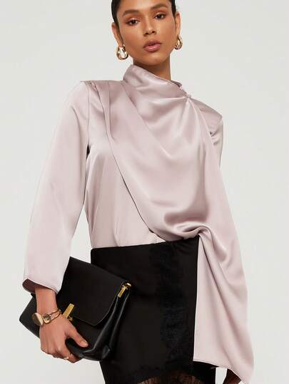 Blusa de satén de manga larga y cuello redondo con diseño de bufanda para mujer, para primavera/verano