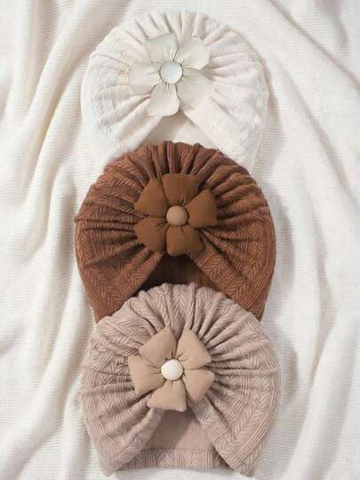 3 piezas Sombreros elásticos suaves y cómodos con flores de trigo para bebé, aptos para uso diario, 0-2 años