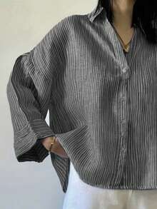 Women's Polyester Striped Drop Shoulder Long Sleeve Collared Shirt, Front Button Design, Regular Length, Non-Stretch Fabric Top Black Spring - Black - View 3