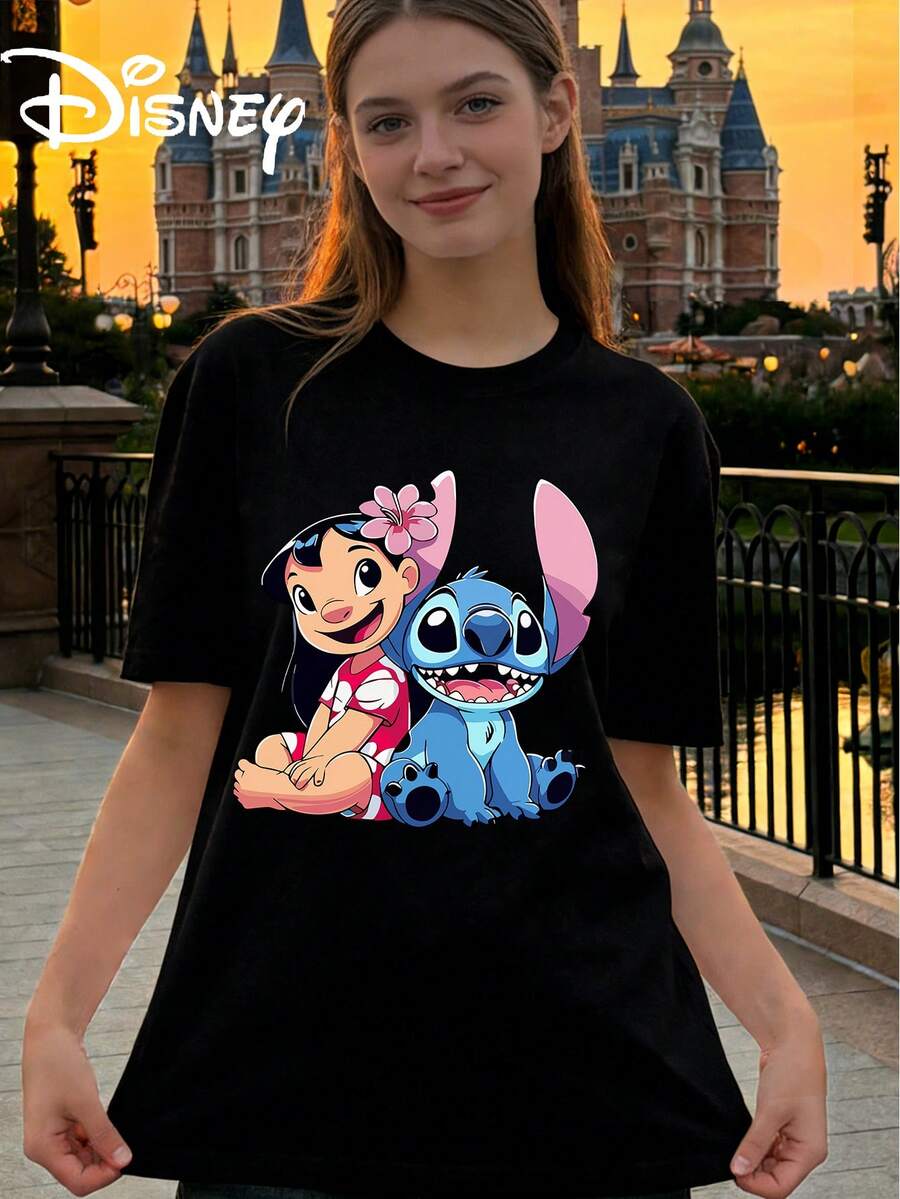Disney StarCraft Baby Lilo And Stitch Same Frame Printed Loose Short Sleeve T-Shirt Women's Casual Top - 黑色 - 查看 1