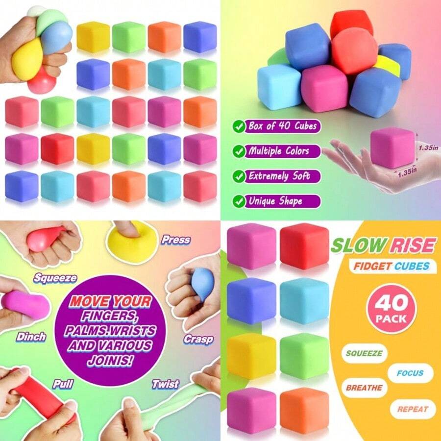 40 Pack Slow Rising Stress Cube Fidget Toys Squishy Balls Sensory ...