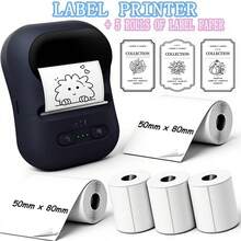 Affheny Impresora de etiquetas inalámbrica mini, sin necesidad de tinta, incluye 5 rollos de papel de etiquetas (50*80mm), impresora de etiquetas térmica portátil adecuada para pequeñas empresas, oficinas y uso doméstico; Interfaz USB. - Multicolor - Ver 1