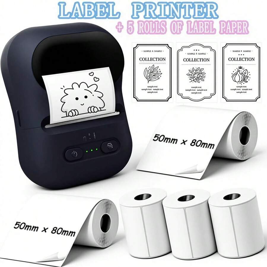Affheny Impresora de etiquetas inalámbrica mini, sin necesidad de tinta, incluye 5 rollos de papel de etiquetas (50*80mm), impresora de etiquetas térmica portátil adecuada para pequeñas empresas, oficinas y uso doméstico; Interfaz USB. - Multicolor - Ver 1