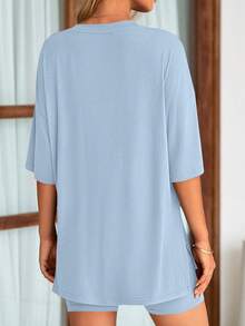 PRETTYGARDEN Women's Summer Clothes 2 Piece Sets Lounge Set Casual Oversized Shirts Biker Shorts Matching Airport Travel Sweatsuit Set Women Vacation Outfit Light Blue Summer Brunch Outfits For Women - 淺藍色 - 查看 2