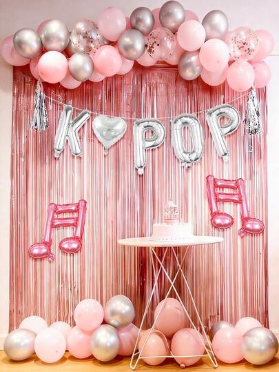 50件套音乐主题派对拱门气球套装，包含KPOP字母气球、音符气球、心形气球、金属丝帘、彩色亮片乳胶气球，适用于音乐派对、音乐主题生日派对装饰、KPOP派对、周年纪念装饰