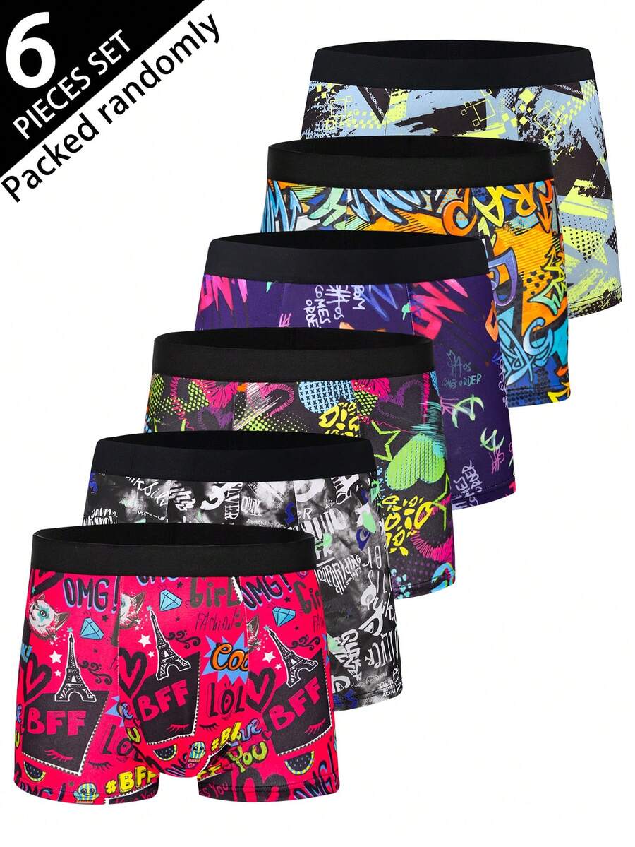 6 piezas/paquete de calzoncillos tipo bóxer para hombre, estampados aleatorios, bóxers con estampado de graffiti, patrones de graffiti navideño enviados al azar - Multicolor - Ver 1