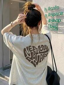 日系女式宽松圆领休闲百搭字母爱心印花短袖T恤，春夏款 - 淺花灰 - 查看 2