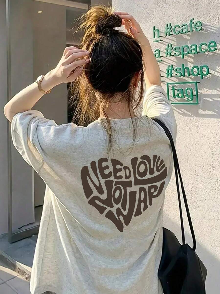 日系女式宽松圆领休闲百搭字母爱心印花短袖T恤，春夏款 - 淺花灰 - 查看 1