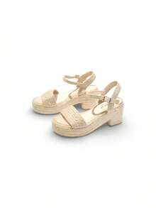Women's Platform Sandals With Wide Heel And Adjustable Ankle Strap, Espadrille Style Braided Jute Design, Comfortable Beige Mid-Heel Sandals For Summer - 米色 - 查看 3