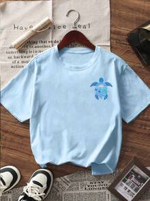 1pc Tween Girl Printed Short Sleeve T-Shirt, Student Youth Clothing, Summer Gift For Kids - Baby Blue - View 5